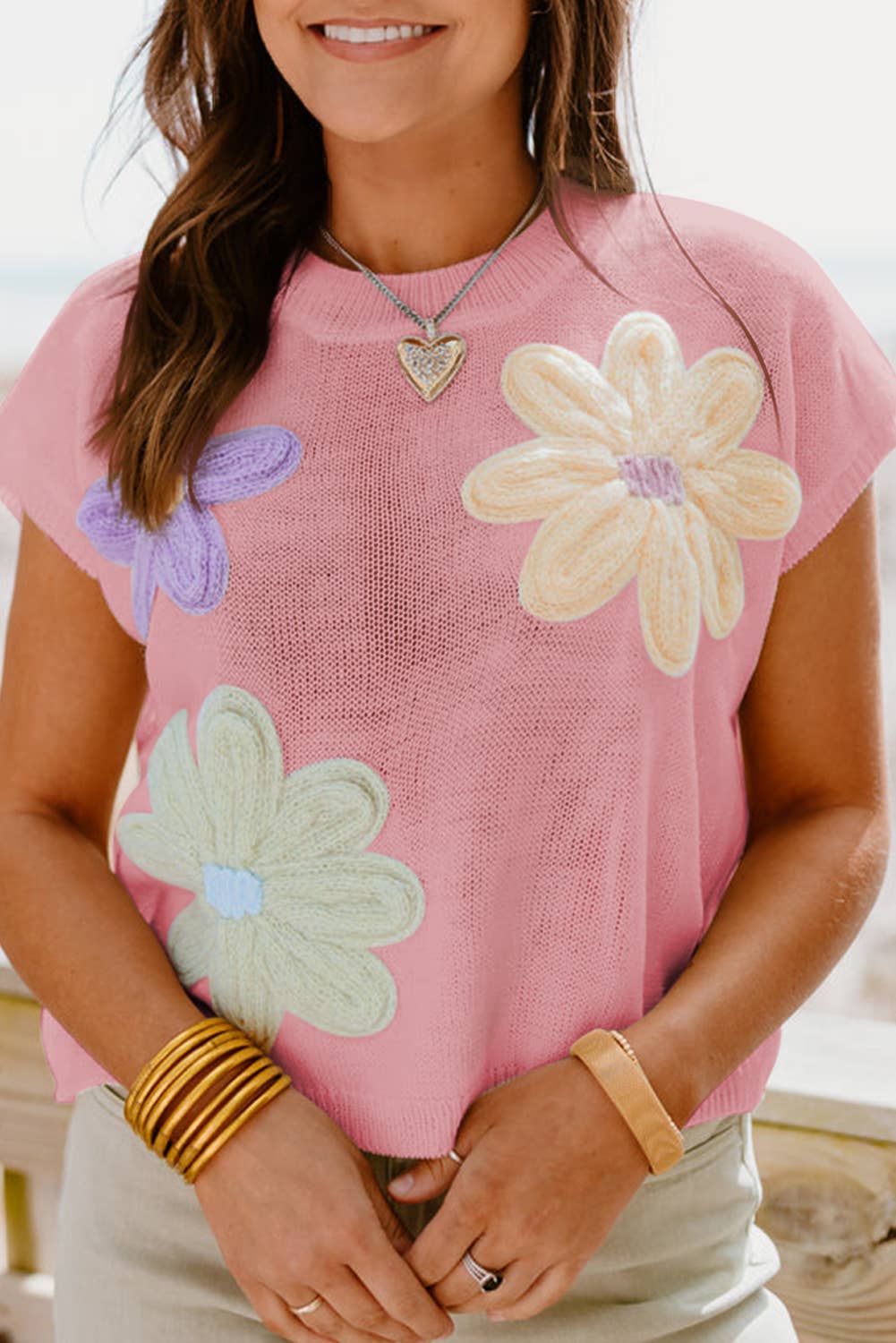 Multi Crochet Flower Knit Short Sleeve Sweater Tops | Audie Jayne