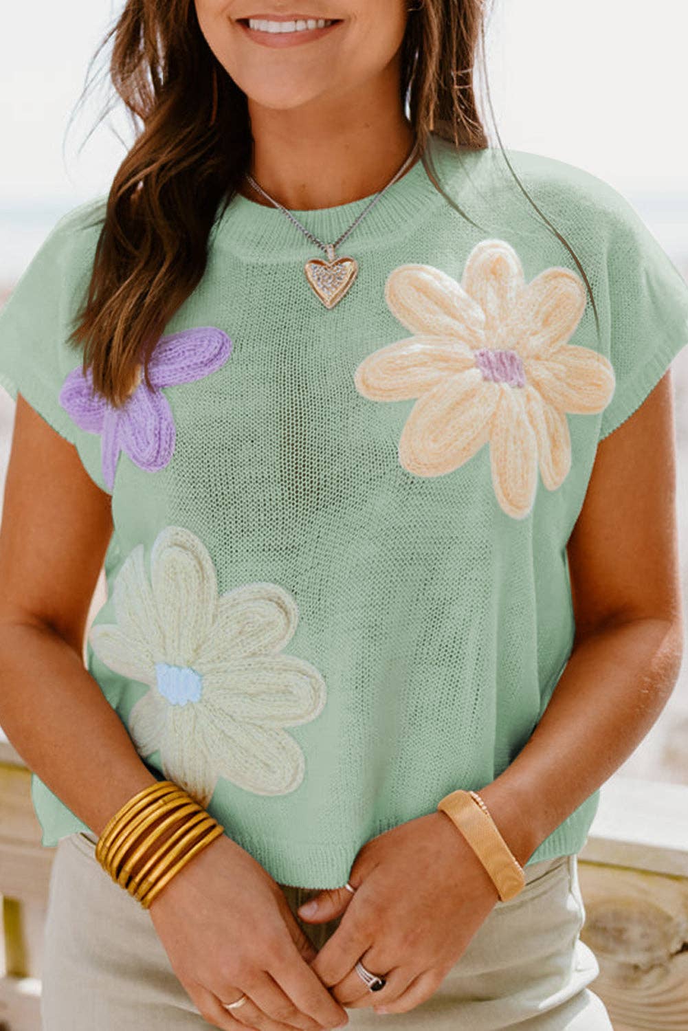 Multi Crochet Flower Knit Short Sleeve Sweater Tops | Audie Jayne